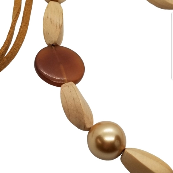 VINTAGE WOOD, FAUX PEARL & DISK BEAD NECKLACE WITH STERLING SILVER HARDWARE - Picture 4 of 6